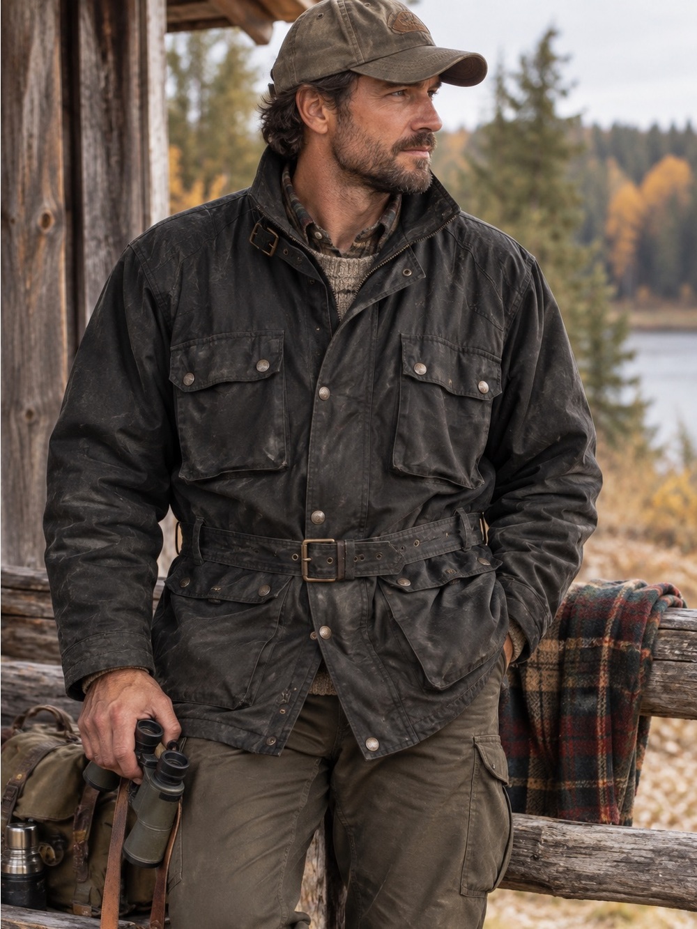 Vintage Outback Survival Gear Waxed Cotton Hunting Jacket Black Tartan